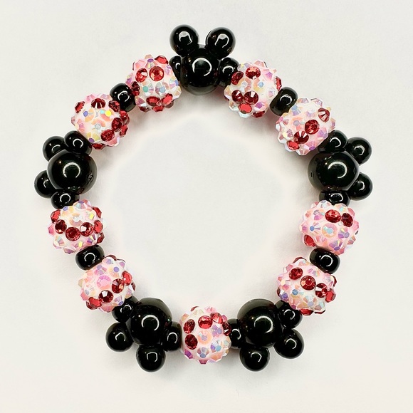 Mouse Ears Valentines Day Rhinestone Stretchy Bracelet Pink Red Sparkle Jewelry - Picture 1 of 3